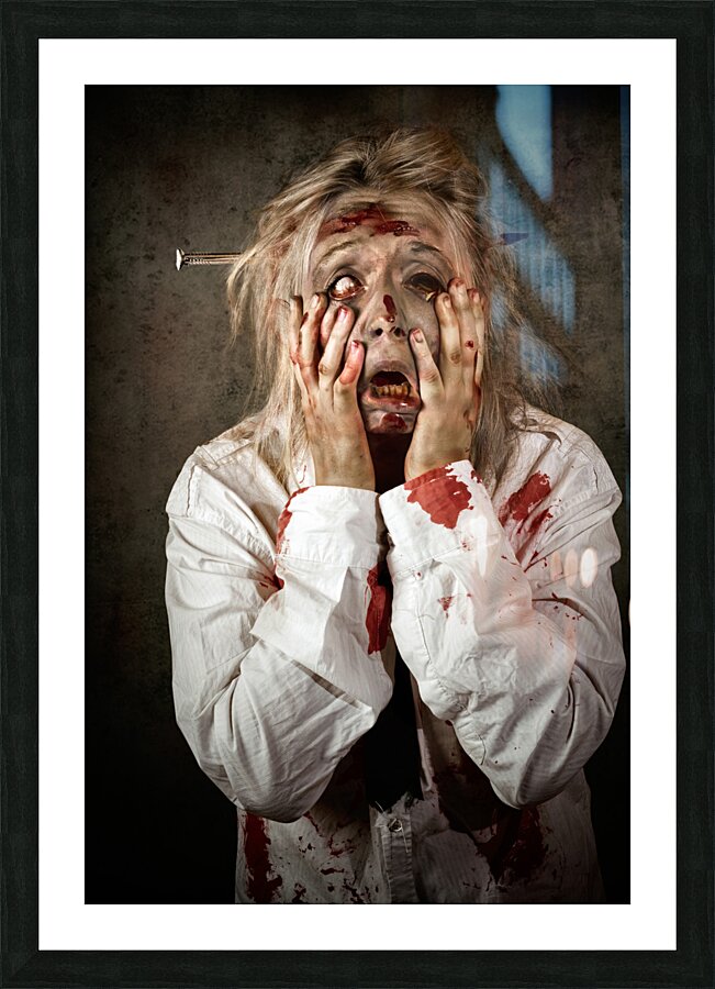 Shock horror. Surprised businesswoman zombie Picture Frame print