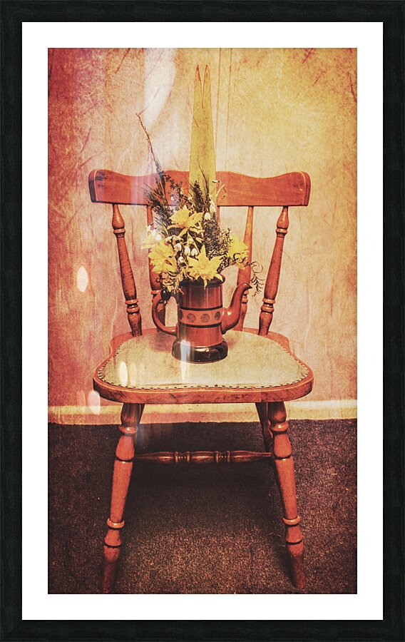 Decorated flower bunch on old wooden chair Picture Frame print