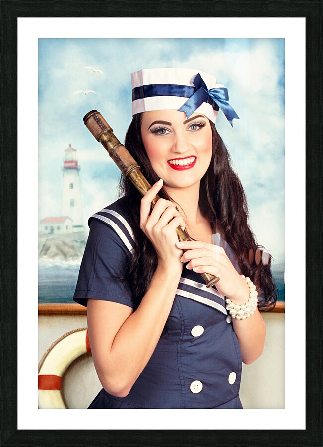 Smiling young pinup sailor girl. Sea search and rescue Picture Frame print