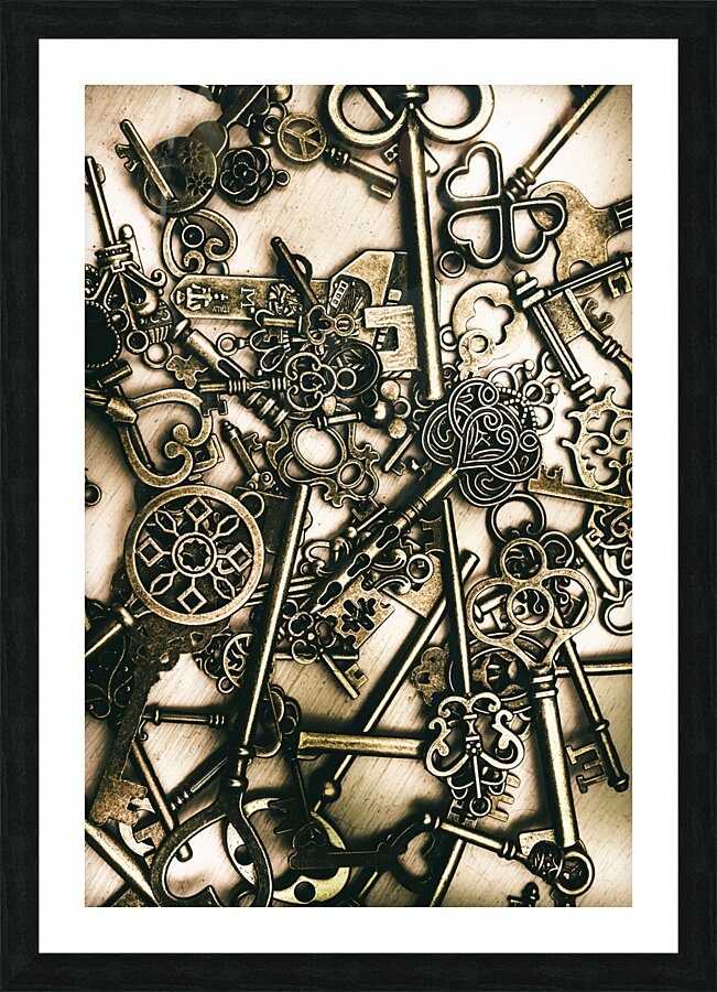 Vintage keys on wooden table Picture Frame print