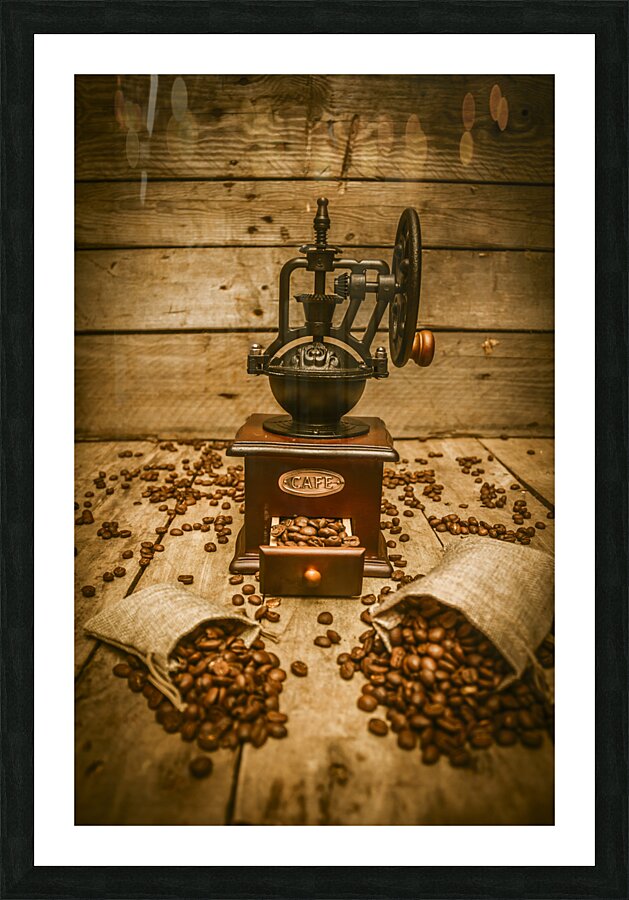 Vintage Manual Grinder And Coffee Beans Picture Frame print