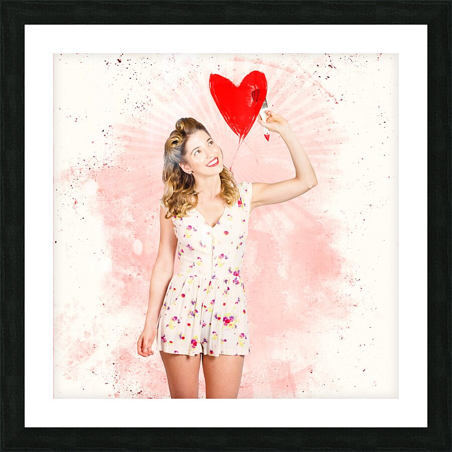 50s blond pin-up girl painting red love heart  Picture Frame print