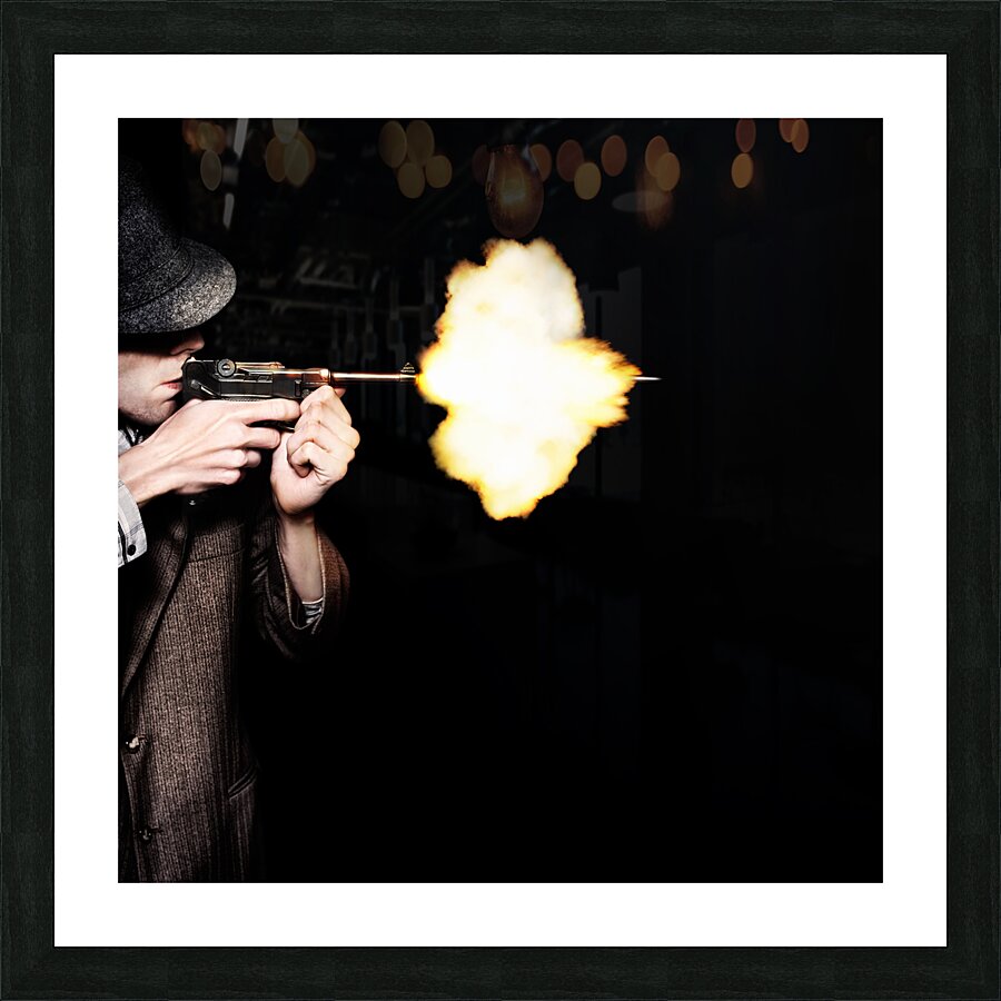 Vintage Gangster Man Shooting Gun On Black Picture Frame print