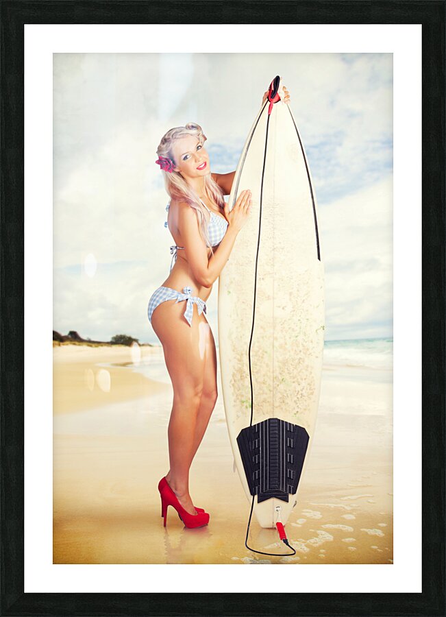 Sexy Sixties Pinup Surfer Girl At Vintage Beach Picture Frame print