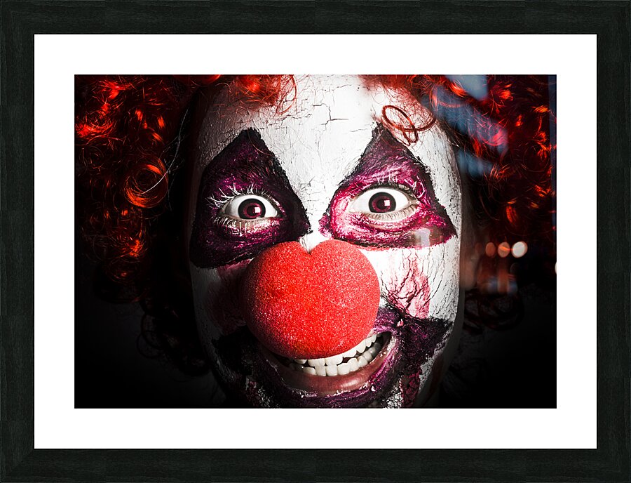 scary and evil clown smiling in dark spooky style Picture Frame print