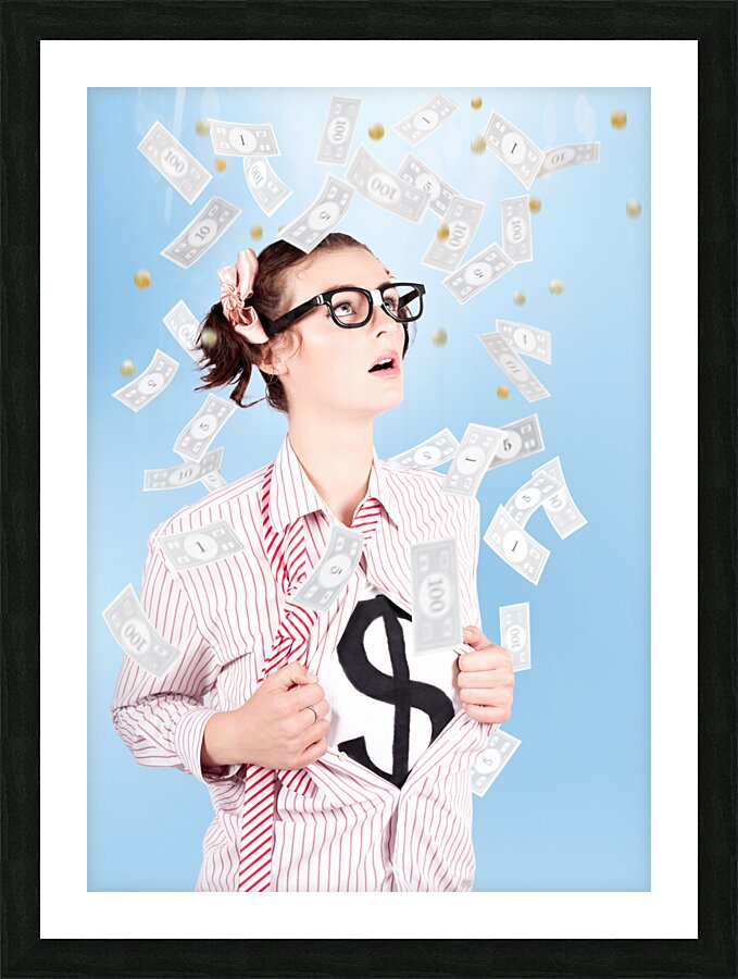 Successful Female Business Superhero Winning Money Picture Frame print