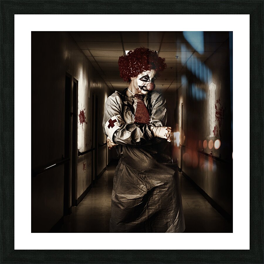Dark hospital clown in spooky theatre nightmare Picture Frame print