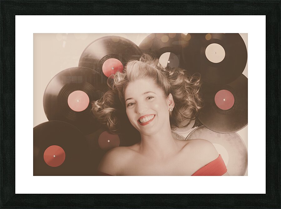 Classic pin up girl on vintage vinyl lp records Picture Frame print