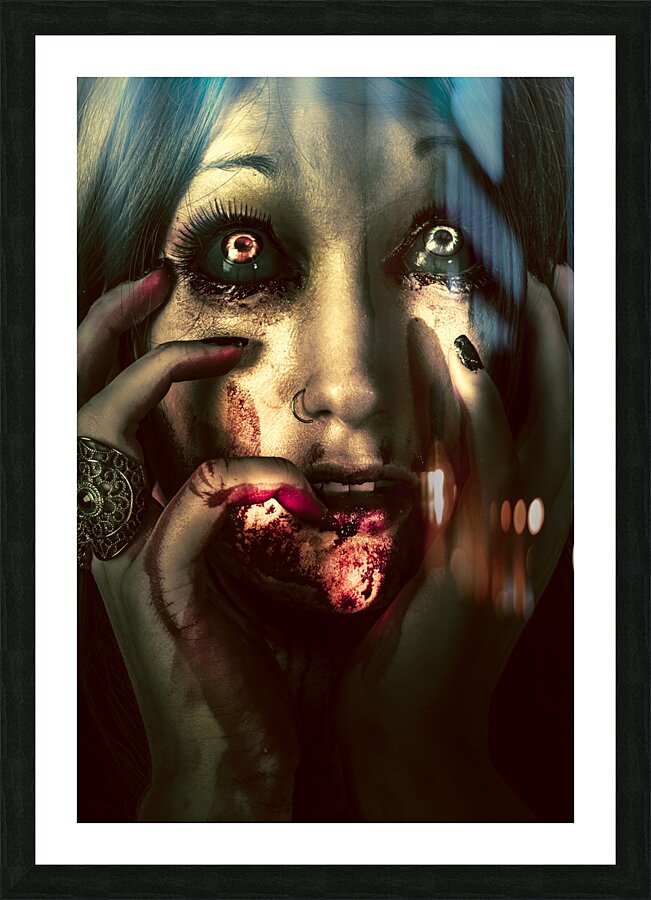 Dark scary female face expressing bloody fear Picture Frame print