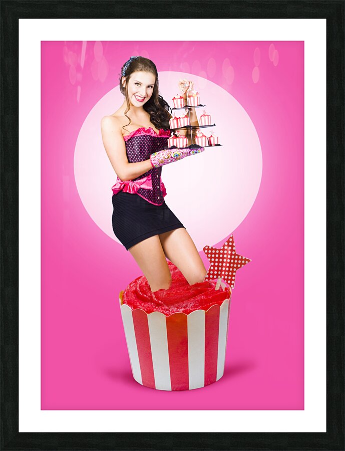 Pin-up girl popping out of large birthday cake Picture Frame print