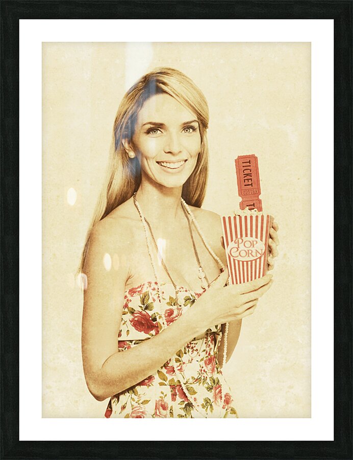 Vintage Woman With Pop Corn And Movie Tickets Picture Frame print
