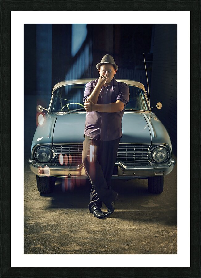 1950s private eye investigator with smoke on car Picture Frame print