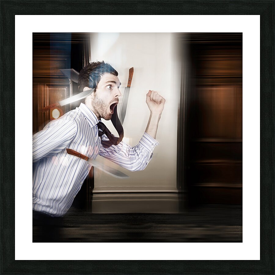 Crazy businessman running in fear from danger Picture Frame print