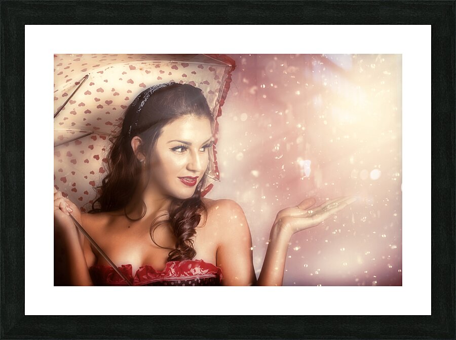 Beautiful woman catching rain in summer sun shower Picture Frame print