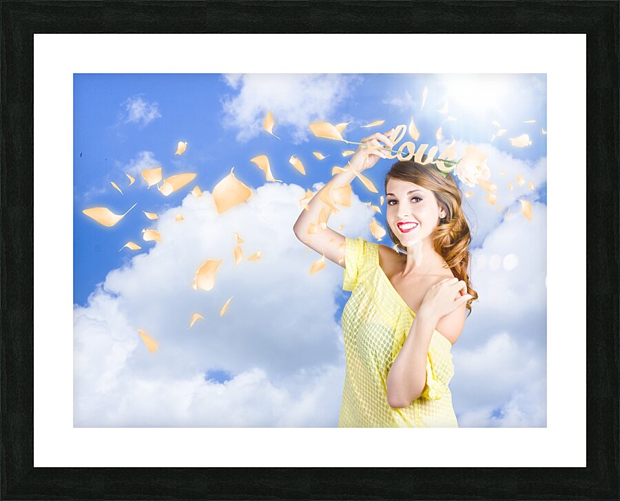 Romantic woman dreaming of a sky filled romance Picture Frame print