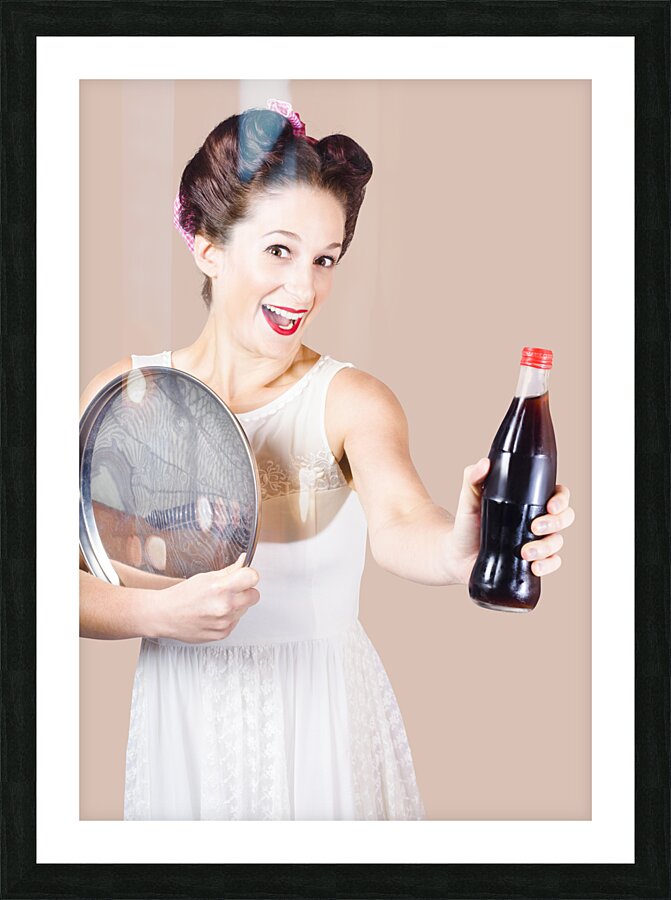 Retro pin-up girl giving bottle of soft drink Picture Frame print