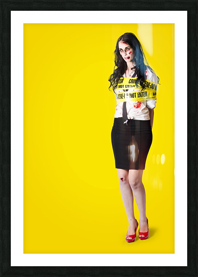 Creepy homicide girl standing undead on yellow Picture Frame print