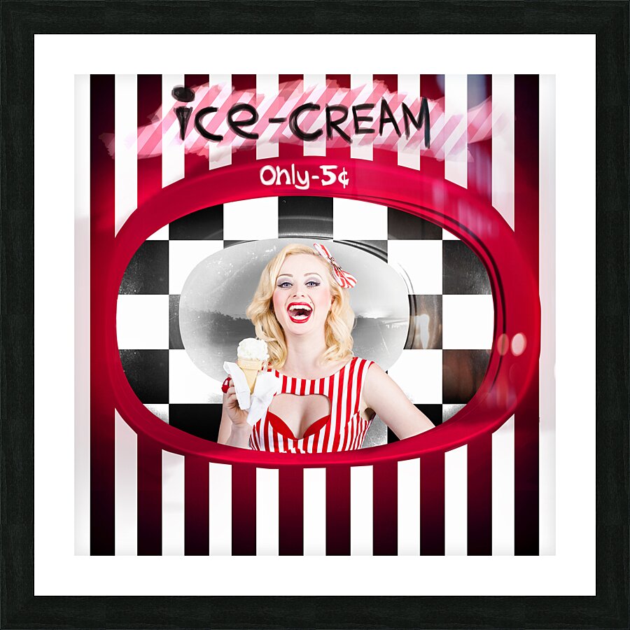 Beautiful blonde woman serving ice cream Picture Frame print