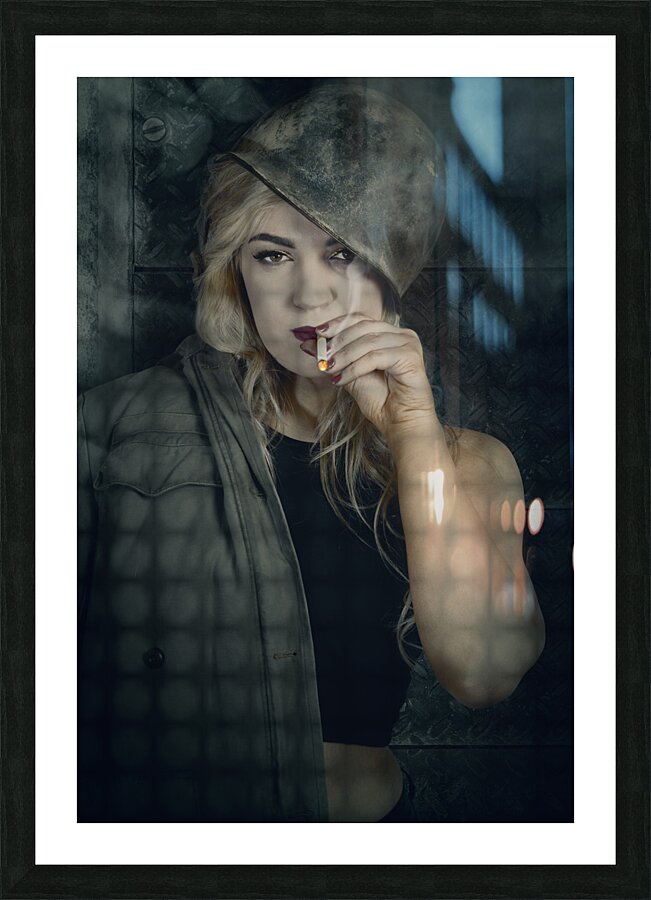 Female pinup soldier smoking cigarette in foxhole Picture Frame print