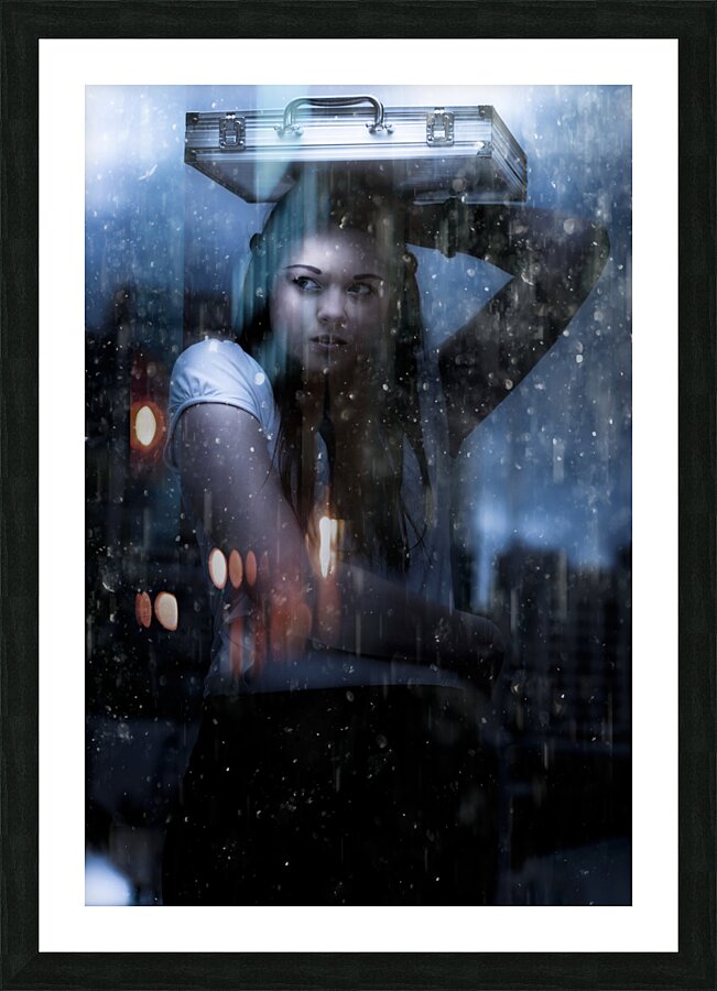 Business Woman Caught In Rain And Bad Weather Picture Frame print