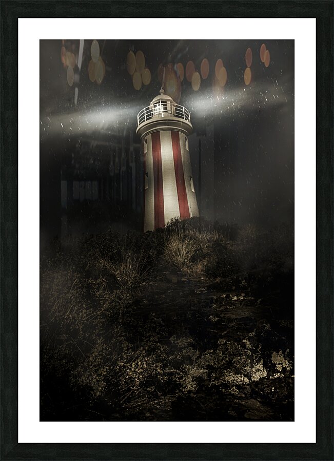 Tasmania lighthouse in rain storm. Guiding light Picture Frame print