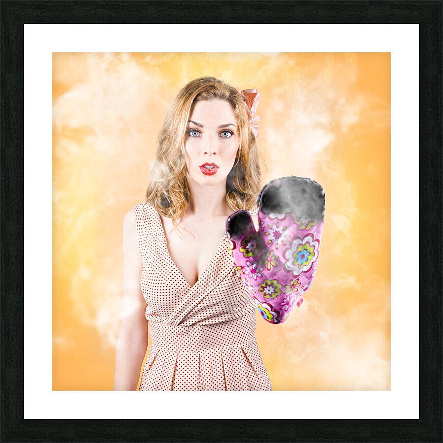 Funny woman cook waving stop. Bad cooking Picture Frame print