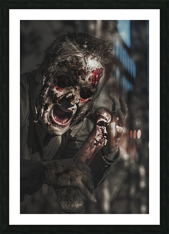 Evil male zombie screaming out in bloody fear Picture Frame print