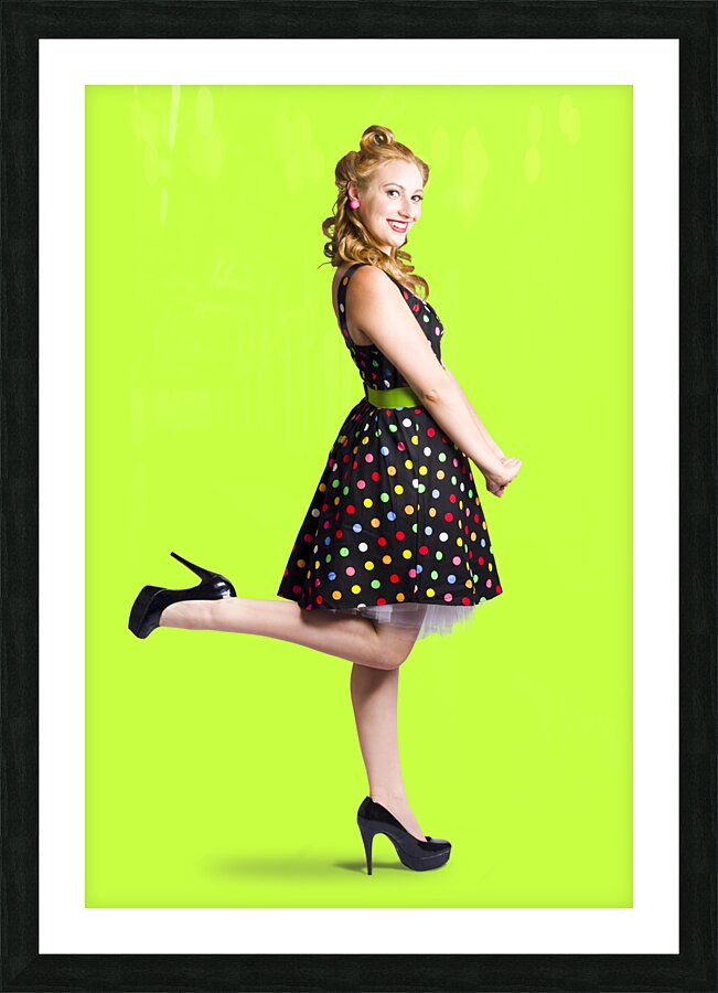 Happy woman in retro dress Picture Frame print