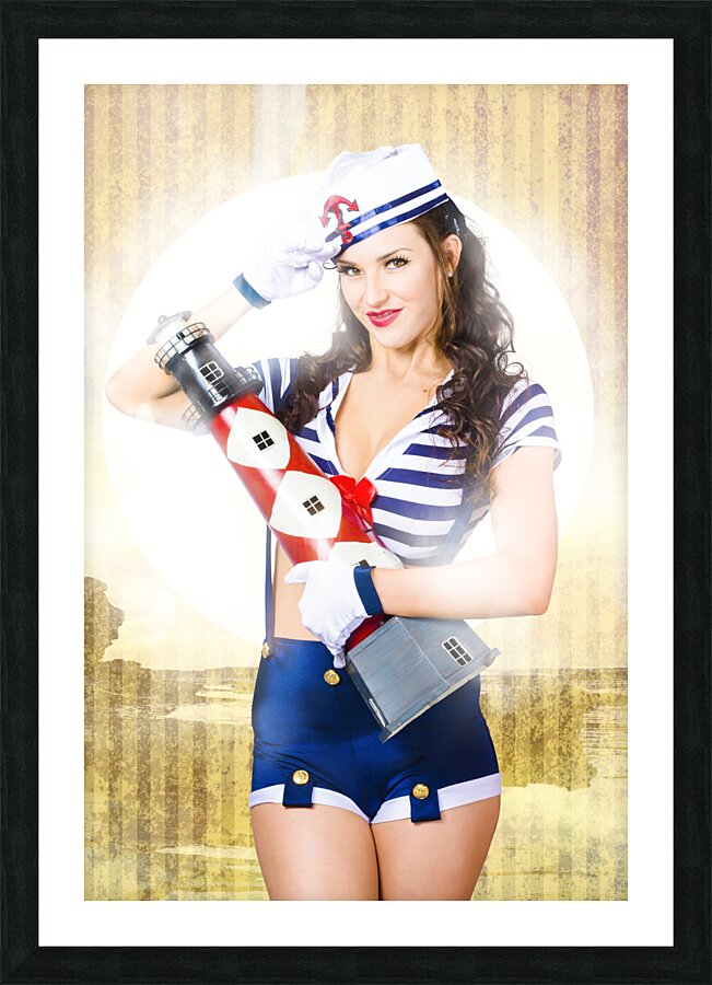 Pinup portrait of young happy naval woman Picture Frame print