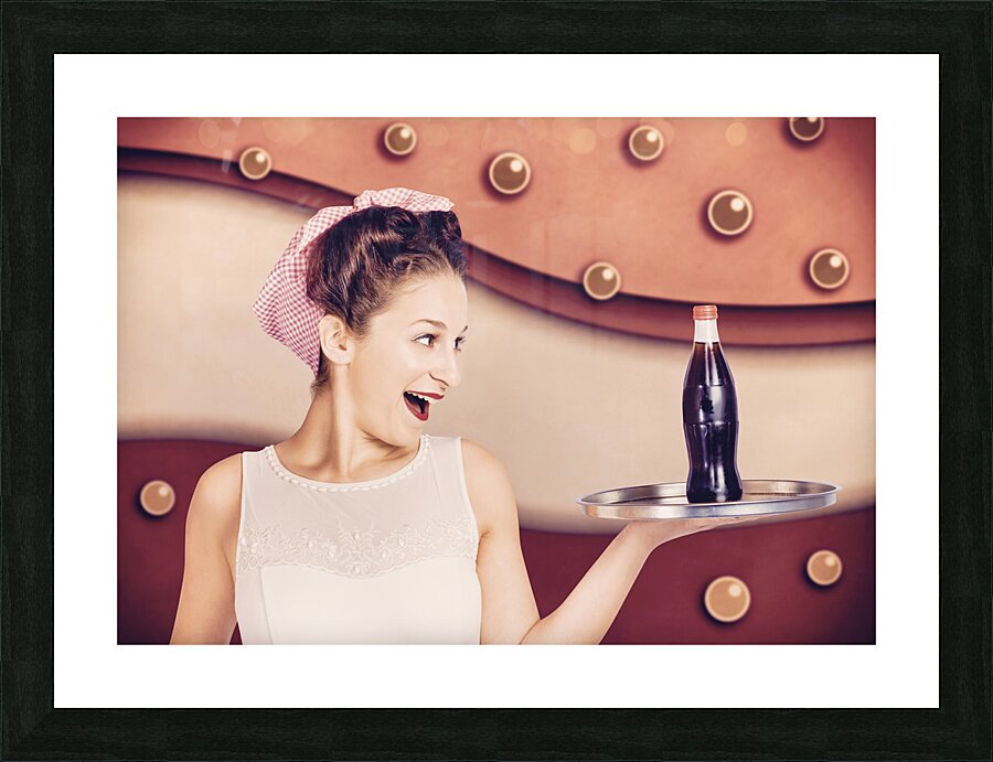Retro pinup girl holding food and drinks tray Picture Frame print