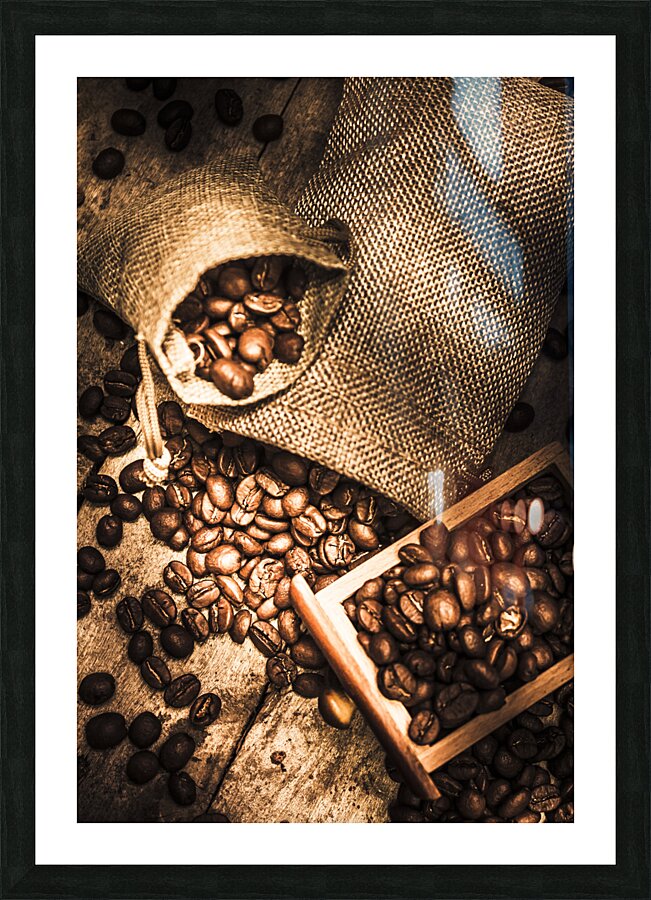 Roasted Coffee Beans In Drawer And Bags On Table Picture Frame print