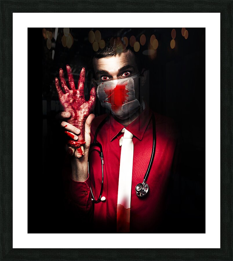 Evil Dark Medical Surgeon Waving Amputated Hand Picture Frame print