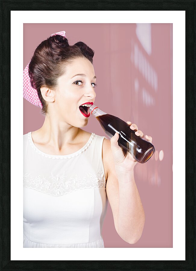 Old-fashion pop art girl drinking from soda bottle Picture Frame print