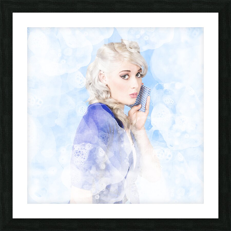 Gorgeous young woman cleaning in pinup style Picture Frame print