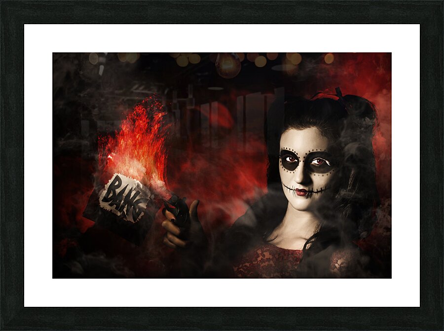 Deadly sugarskull girl firing pop gun with bang Picture Frame print