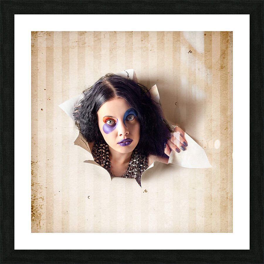 Beautiful female jester breaking out of wallpaper Picture Frame print