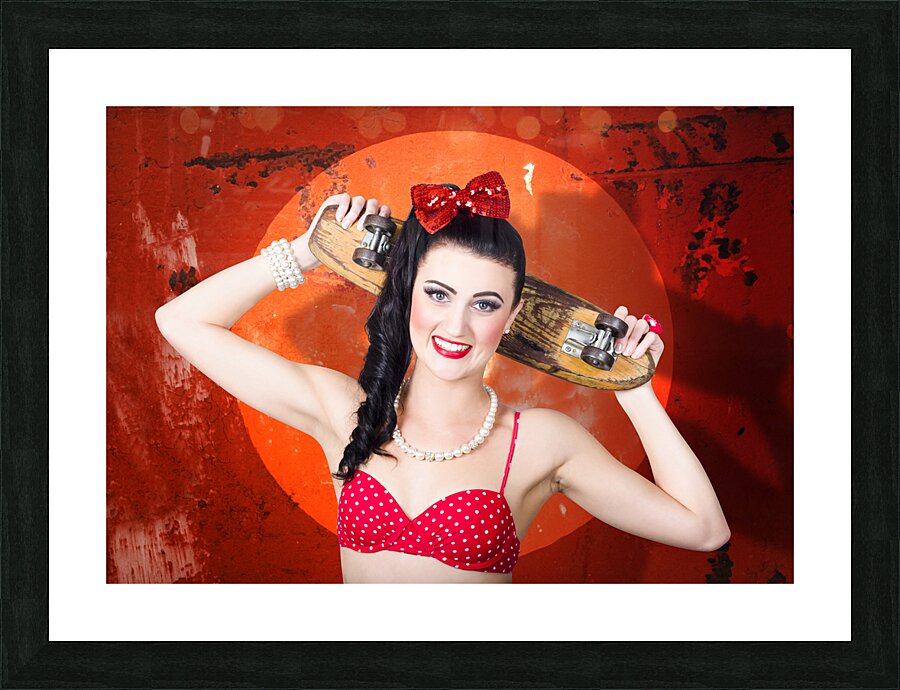 Retro pinup girl holding old wooden skateboard Picture Frame print