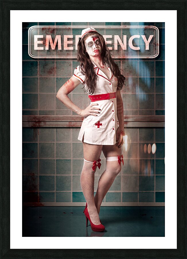 Sexy zombie medical emergency nurse in hospital ER Picture Frame print