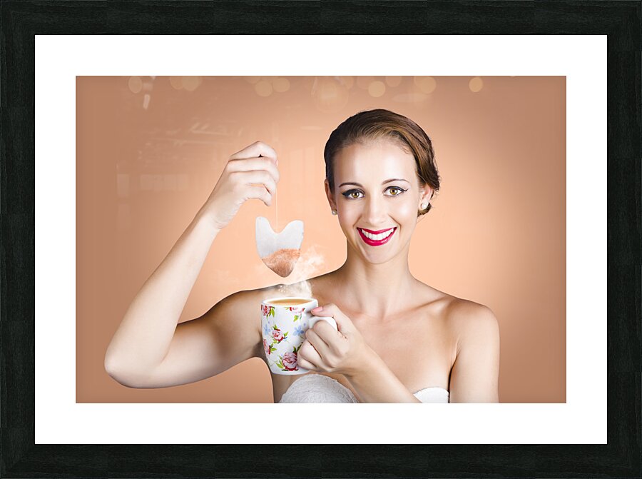 Happy Beautiful Pin Up Girl Drinking Tea Or Coffee Picture Frame print