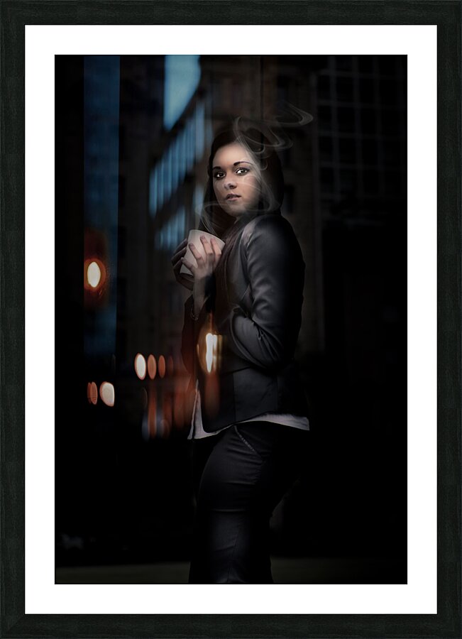 Mysterious Woman Standing In Darkness With Coffee Picture Frame print