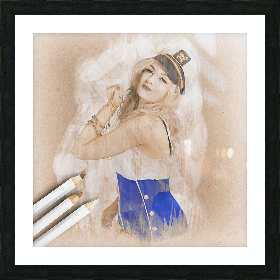 Artistic pencil drawing of a sailor pinup woman Picture Frame print