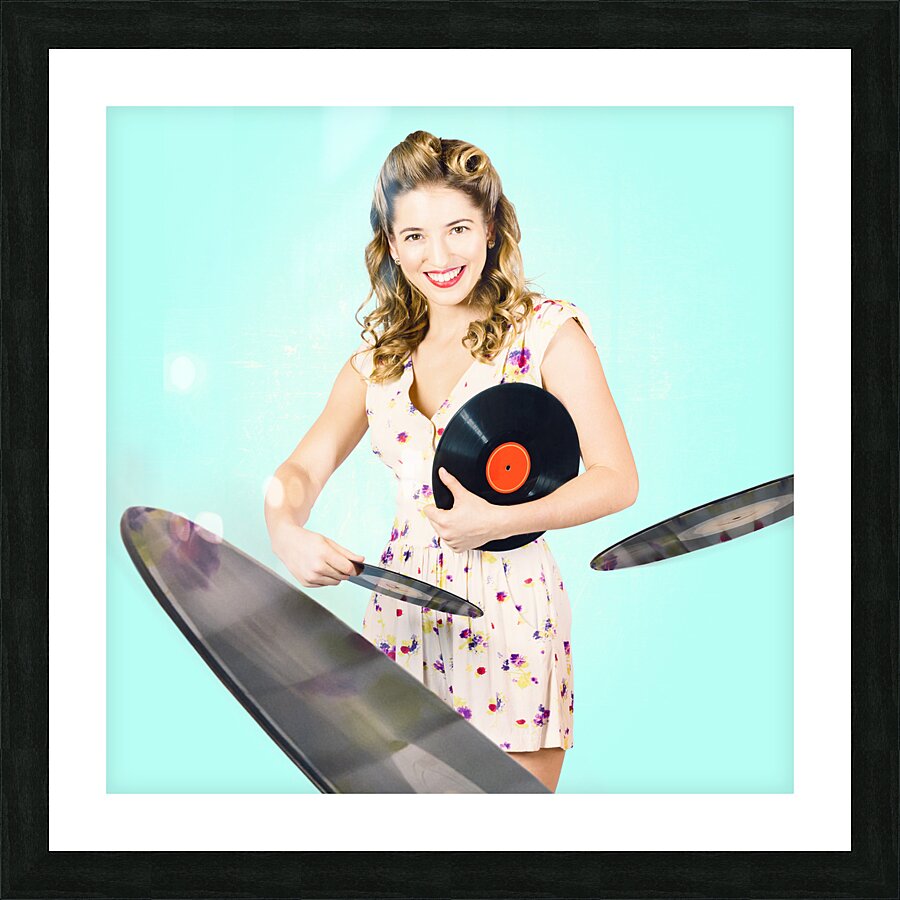 Beautiful 70s DJ pinup girl with record music disc Picture Frame print