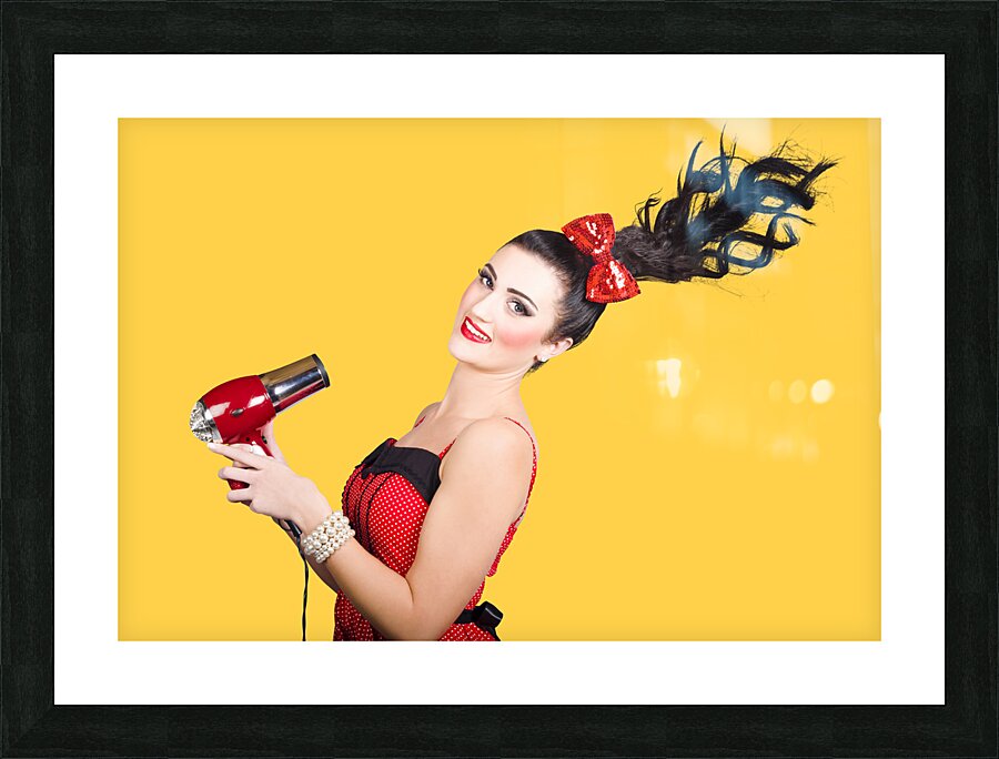 Cute brunette retro woman with hair dryer Picture Frame print