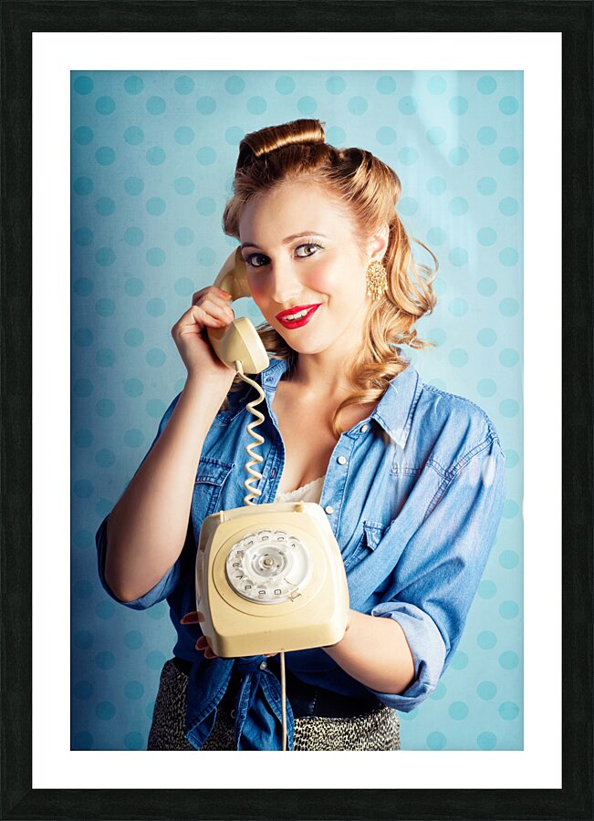 Sixties Woman Holding Vintage Telephone Handset Picture Frame print