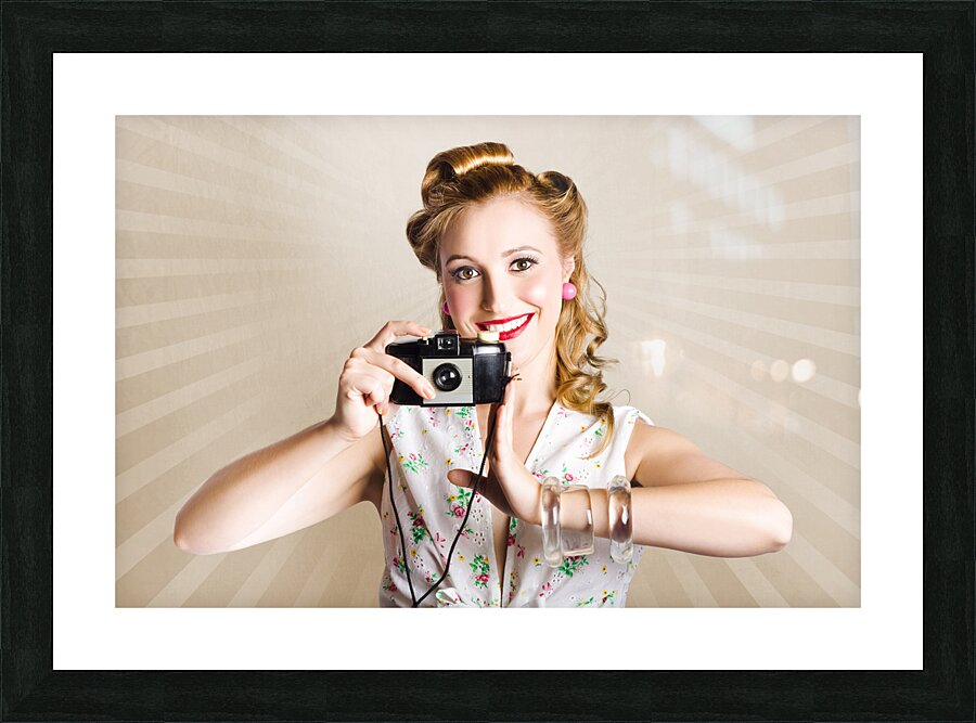 Beautiful Woman Photographer Holding Retro Camera Picture Frame print