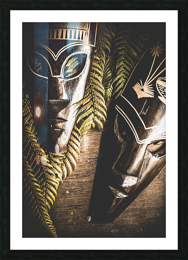 Tribal Masks With Ferns On Wooden Table Picture Frame print