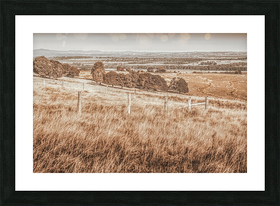 Expansive hills and rustic fencing Picture Frame print