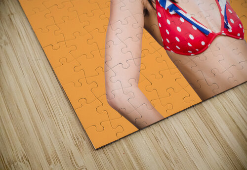 Pinup girl flexing biceps muscle. Bodybuilding Jorgo puzzle