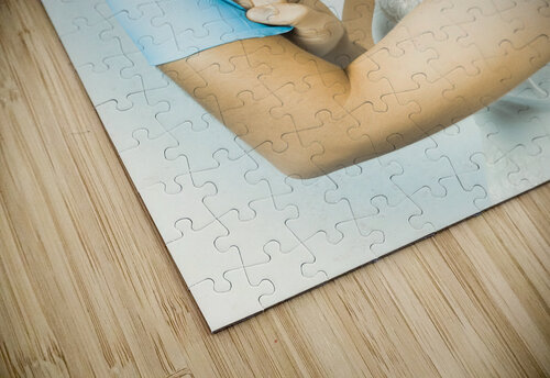 Pinup housewife flexing muscles. Cleaning strength Jorgo puzzle