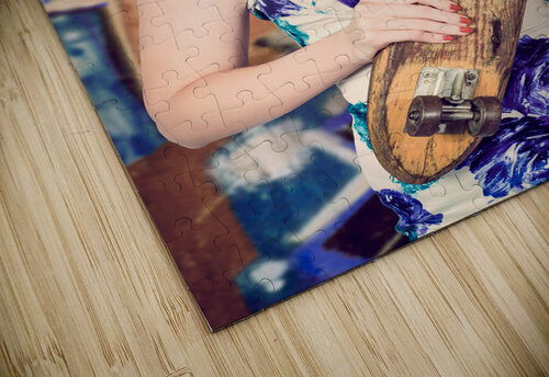 Skater girl from 1950s holding wooden skate deck Jorgo puzzle